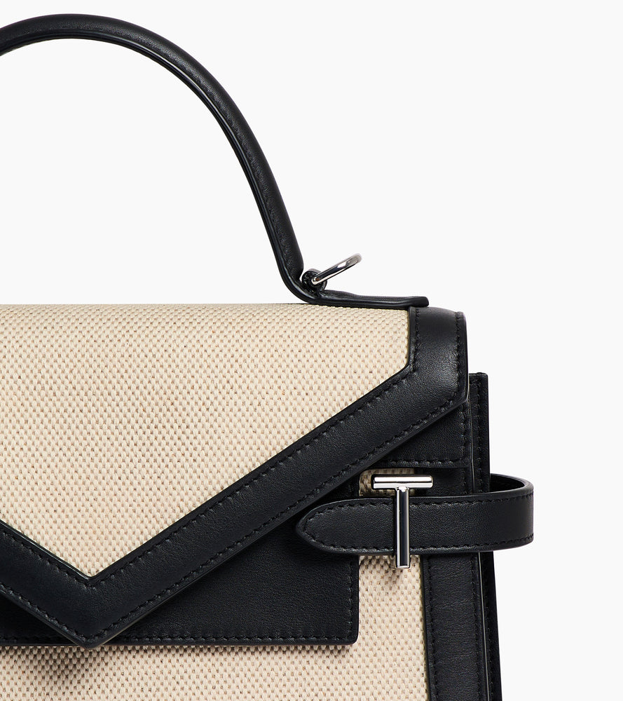 Sac à main double rabat moyen modèle Emilie en toile coton et cuir lisse